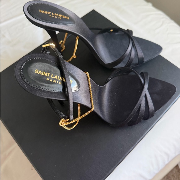 Saint Laurent Shoes - Saint Laurent Black Satin Pointed Toe Heeled Sandals with Gold Chain